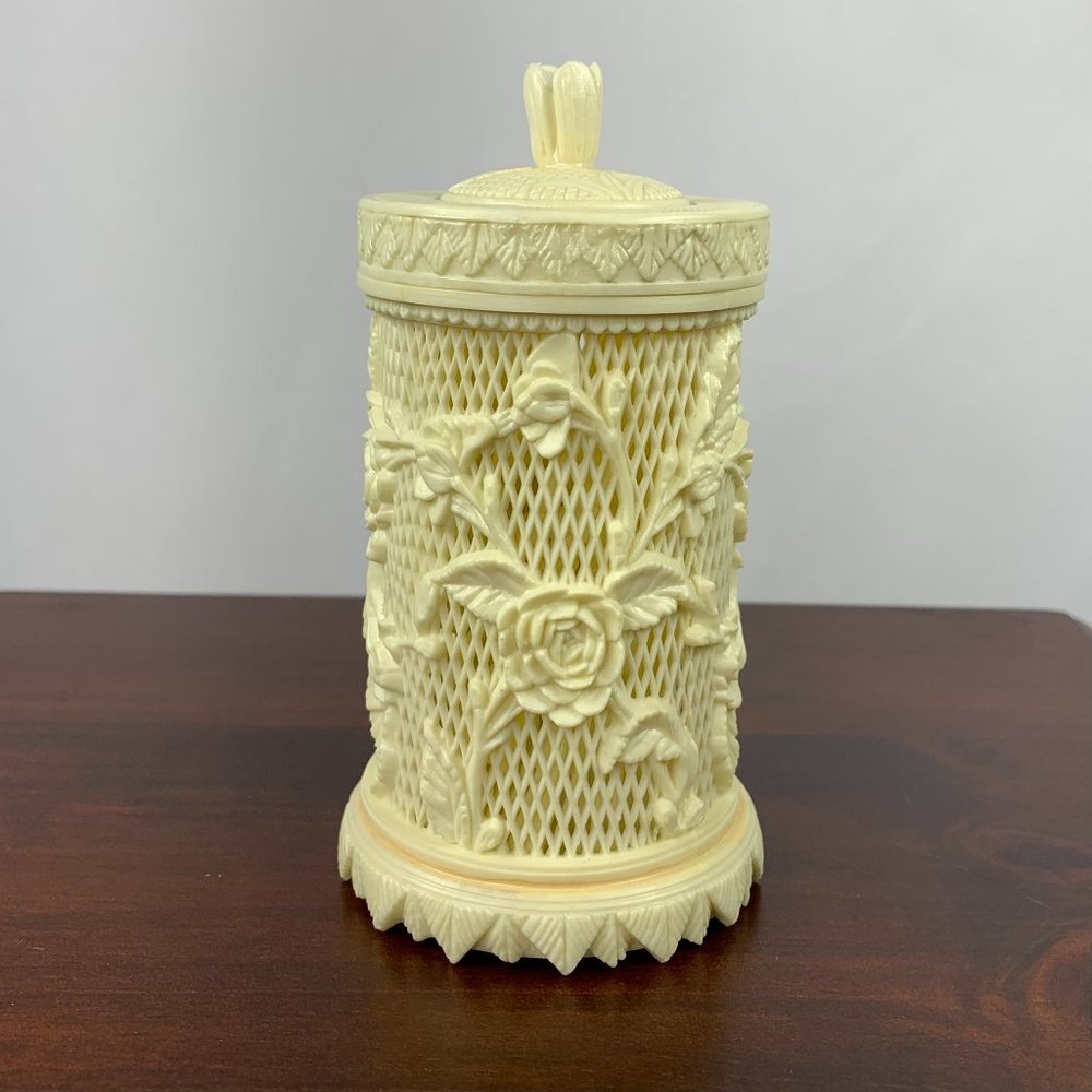 Vintage Carved Celluloid Appetizer Forks & Holder